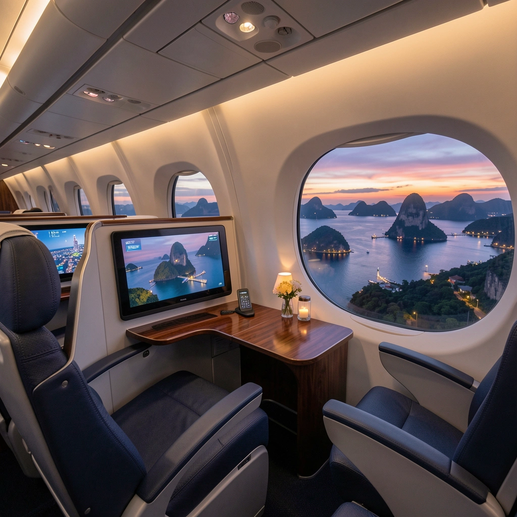 Modern business class cabin at dusk flying over South East Asia